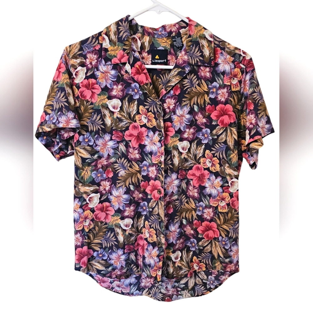 Vintage Lizsport Tropical Floral Button-Down Top